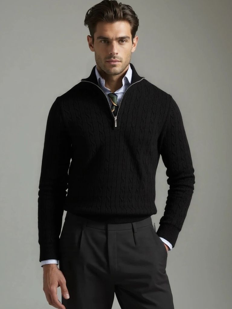 Pull à Col Zippé en Maille Torsadée