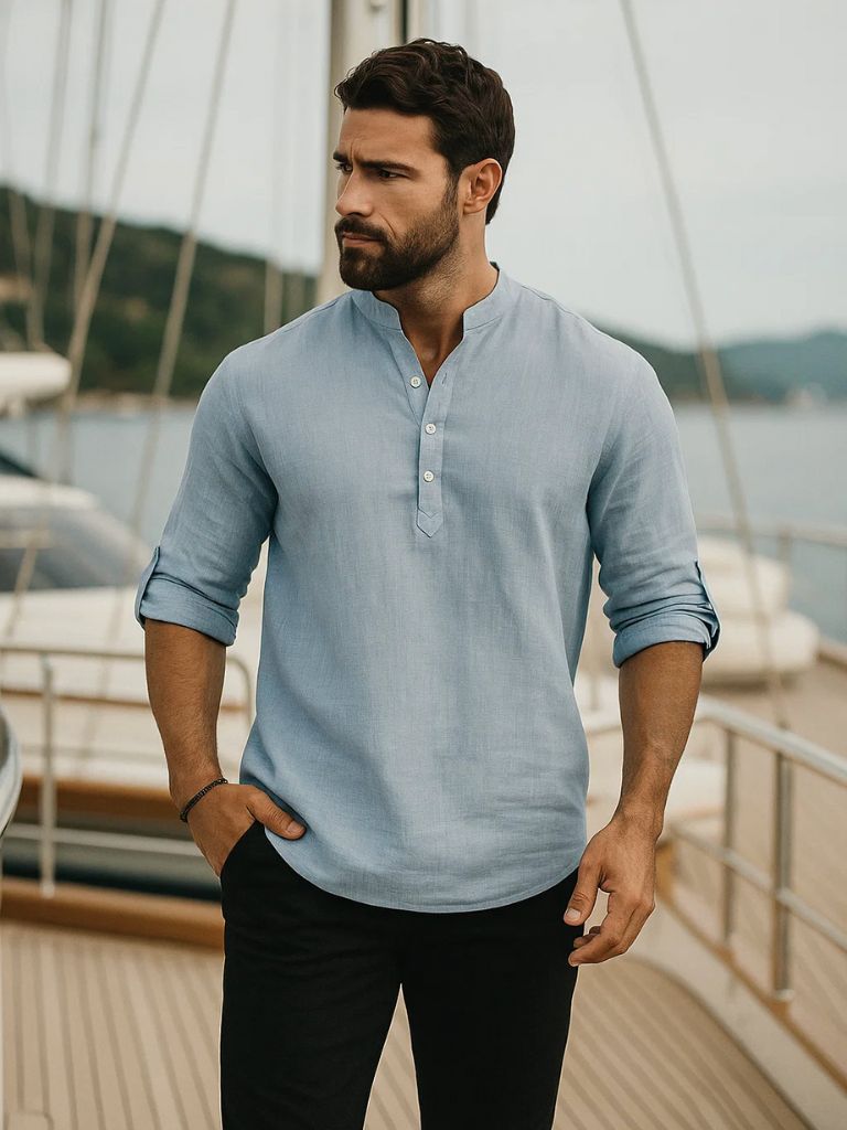 T-shirt Henley casual bleu manches longues
