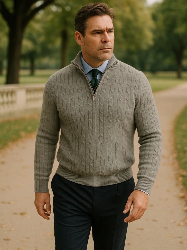 Pull à Col Zippé en Maille Torsadée