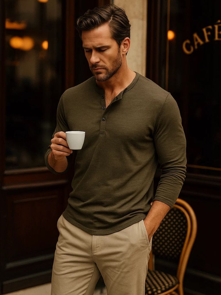 T-shirt Henley casual olive manches longues