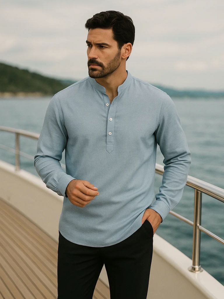 T-shirt Henley casual bleu manches longues